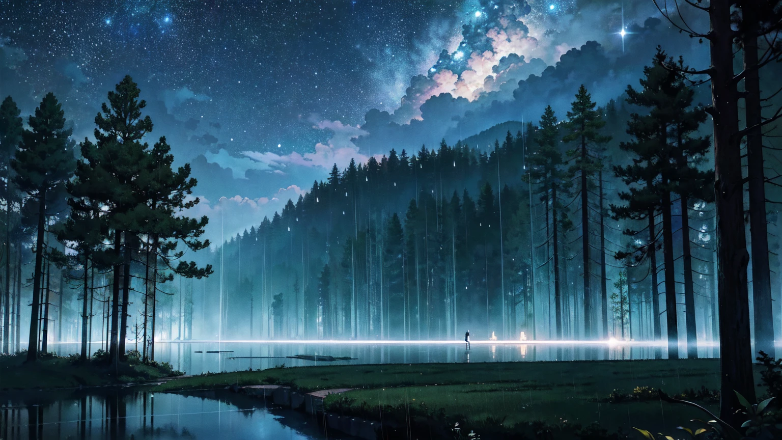 Nostalgic, Makoto Shinkai, a splendid library beyond the forest, beautiful composition. Night, heavy rain. The library can be seen beyond the forest, vivid. Sky full of stars. Rainy weather. Fantastic, forest in the foreground, library in the background. A bright picture.