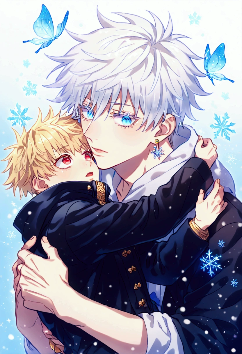 absurdres, highres, ultra detailed, HDR, master piece, best quality, extremely detailed, detailed eyes, detailed face, Gilgamesh, blonde hair, golden earrings, expressive red eyes, Fate Grand Order, Gojou Satoru, white hair, expressive blue eyes, white eyelashes, a man carrying in his arms a boy of ten years old, yaoi, gay couple, handsome, fantasy, black coat, white hoodie, starry sky, snow, snowflakes, snowing, ice butterflies, magical, Jujutsu Kaisen, glass style