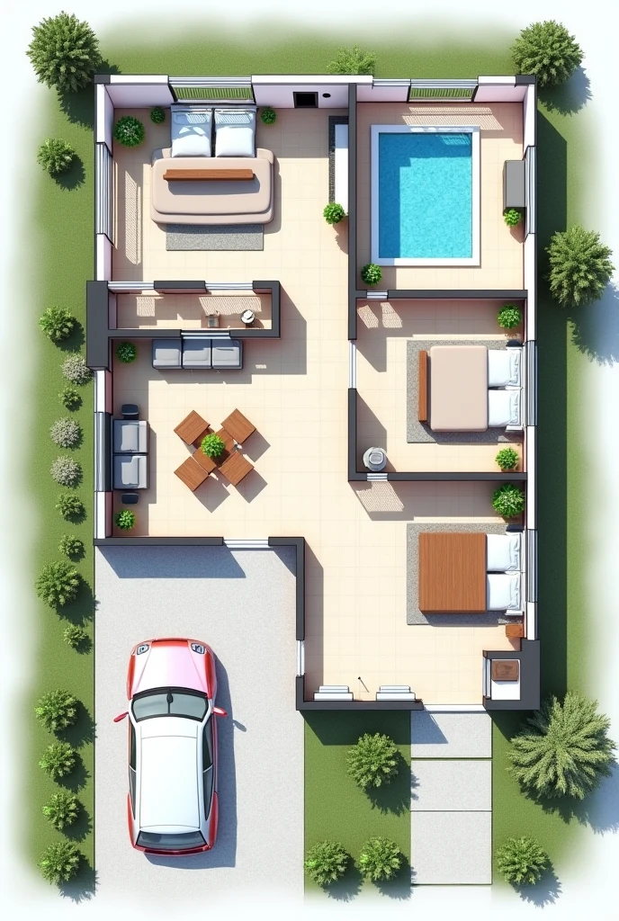 draw a plan for a 2-storey house with a width of 11 meters and a length of 17 meters, the height of the 1st floor is 4 meters, 2nd floor free, The front side is used for a wide car garage to the side for 2 cars, The living room is used as a family room, has 3 bedrooms, the back has 2 stairs, has 2 bathrooms, The first staircase is used for the second bathroom., second bottom ladder for storage, empty floor section
