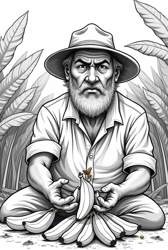 Create an easy to draw black and white drawing, of a slightly older man with a beard and hat, frustrated and angry, Make him be in a banana plantation and there are several bananas on the ground and the man has a banana in his hand examining them and a pest appears , He puts more bananas on the ground and a plague comes out of the banana that the man has in his hand. .
Place a lot of bananas scattered on the ground and the man has one in his hand and from that banana comes a bug or pest