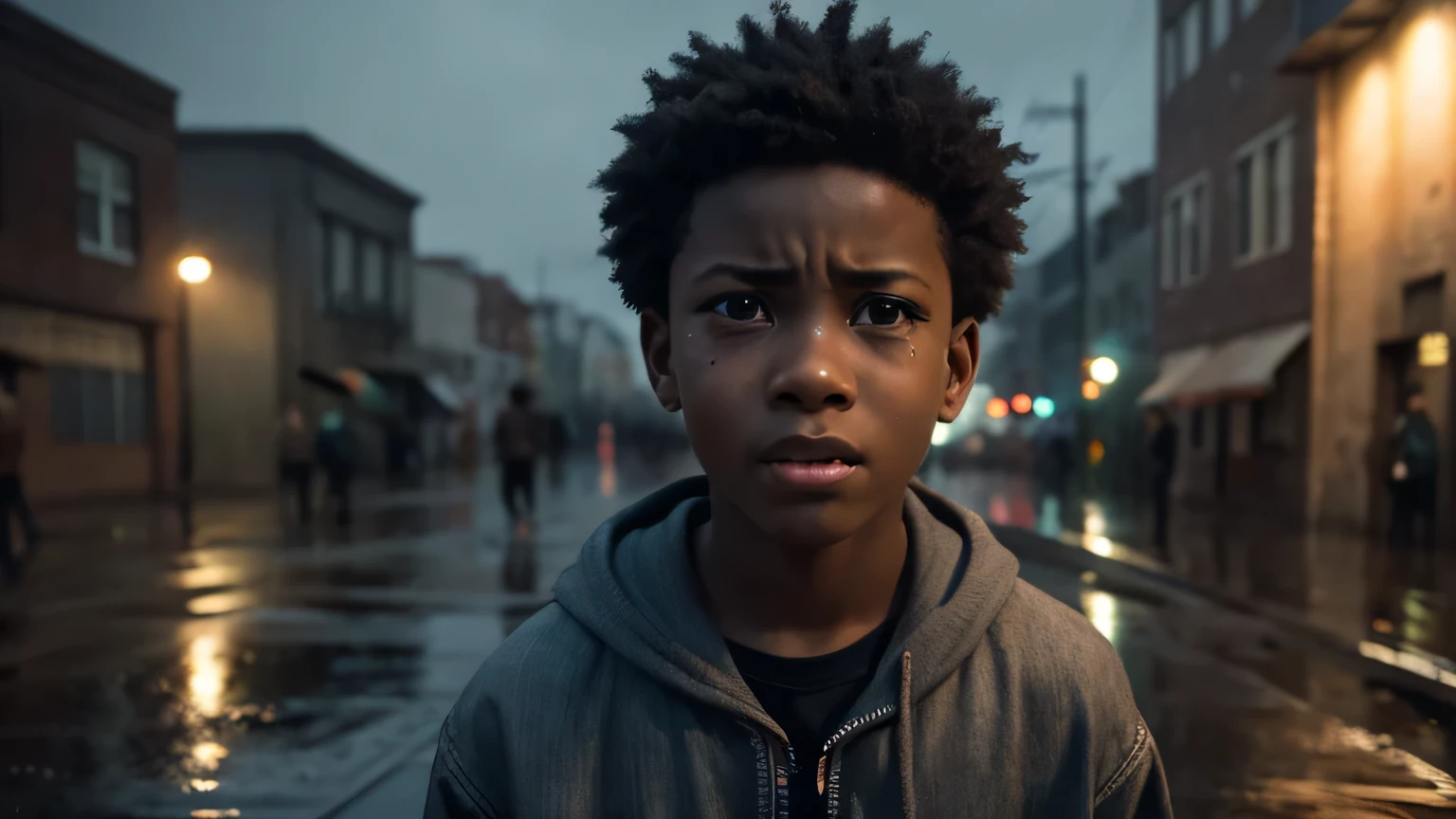 a poor african american  boy crying on the street, hyper realistic, extremely detailed facial features, photorealistic, cinematic lighting, highly detailed, emotional expression, dirty clothes, urban background, rainy weather, street, puddles, sad, melancholic, 1 boy, realistic, cinematic, dramatic lighting, gritty, moody, dark tones