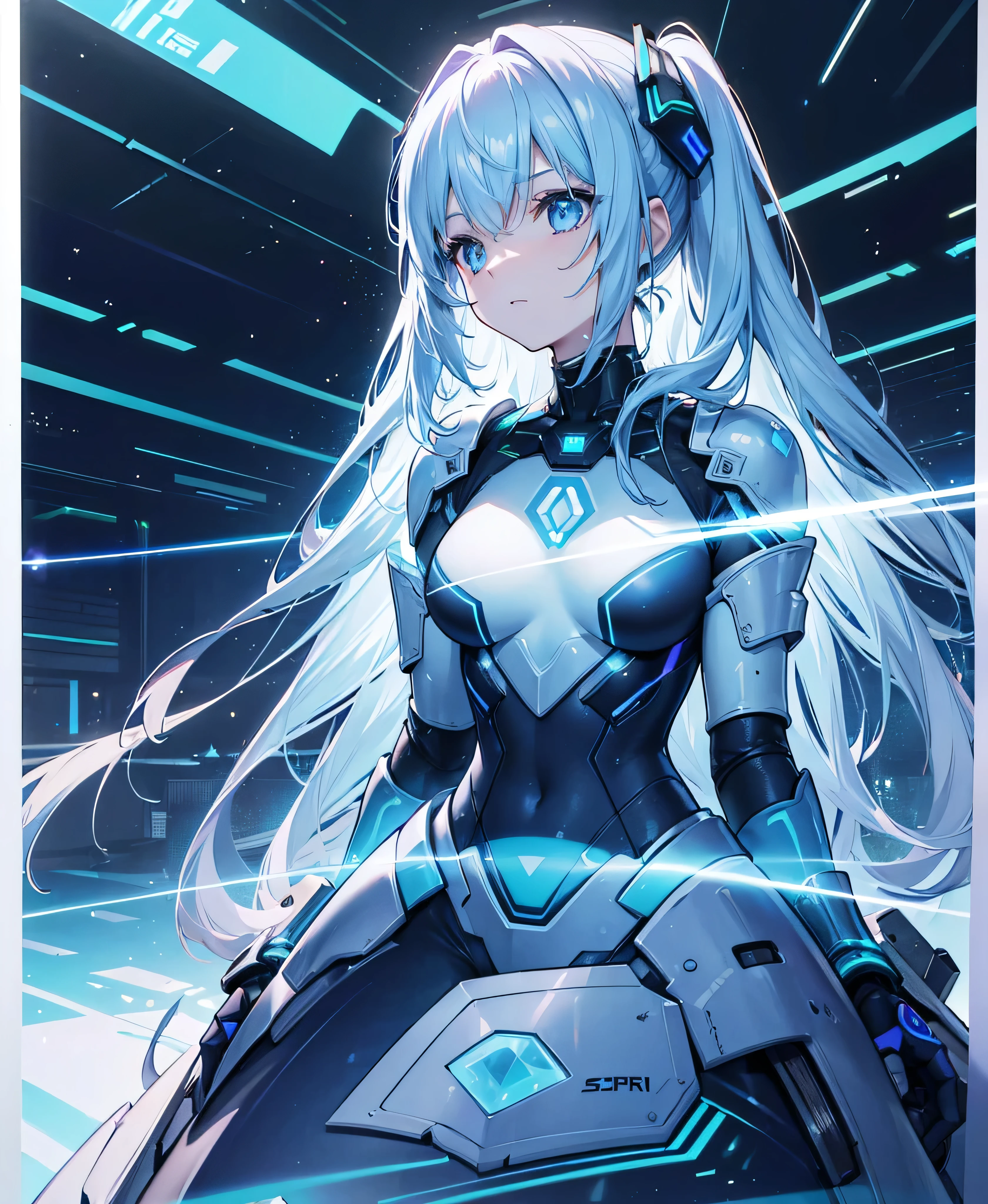 ((Holographic glow effect)),8k, Highest quality, (real:1.4), Original photo, 1 person, Asari Hair, Biological Amplifier, refined armor, posture: Peace talks between warring factions, smart blue eyes,whole body