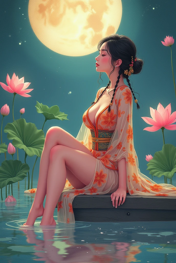 Sitting in a pond of lotus flowers blooming lots and lots of lotuses, feet playing in the water, art depicts a charming woman in a flowing, silky traditional oriental dress with pink, tight translucent trousers, decorated with intricate patterns and bright colors. Her dress drapes elegantly over her curvy figure, accentuating her seductive silhouette. She sits gracefully by the tranquil lotus lake, her feet playing in the water, bathed in the soft glow of the moonlight. The scene exudes an ethereal and dreamy atmosphere, with a touch of mystery and sexiness. The graphic style blends watercolor and digital illustration techniques to evoke a refined beauty and charm. The lights are filled with soft moonlight, casting soft highlights and shadows on her charming features. Bare thighs, wearing tight translucent pants, large breasts, three-dimensional facial features, sitting, upturned legs, side braids