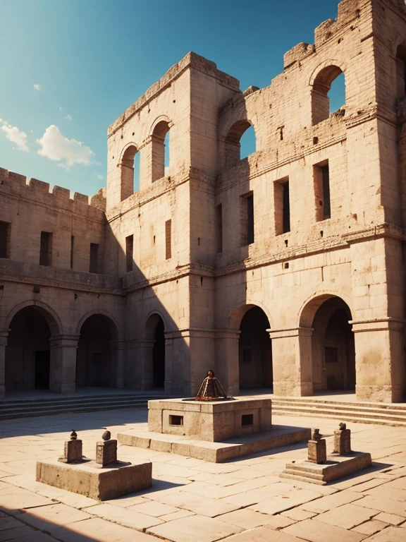 background scene of a square in the Aztec era with supporting characters performing their rituals