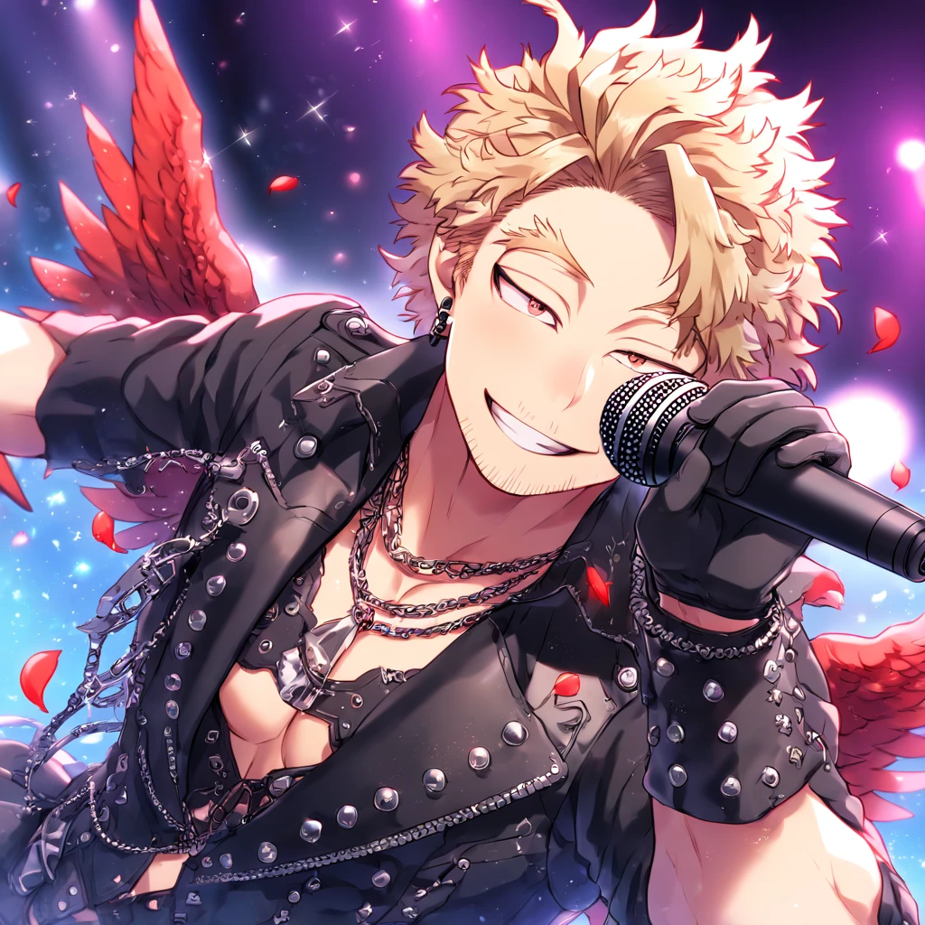 Ultra detailed, Highres, absurdres, HDR, master piece, Hawks, ash blonde hair, brown-golden eyes, faint stubble, red wings, Boku No Hero Academia, sexy man holding a microphone, solo, rocker, black rocker clothes with trimmings, red petals, glittering, black gloves, red flowers, sensual, fantasy, idol stage, concert, manly man, horny, erotic, close up, handsome smile, visual kei,