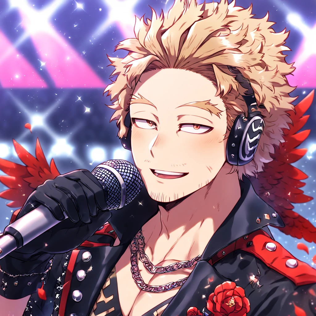 Ultra detailed, Highres, absurdres, HDR, master piece, Hawks, ash blonde hair, brown-golden eyes, faint stubble, red wings, Boku No Hero Academia, sexy man holding a microphone, solo, rocker, black rocker clothes with trimmings, red petals, glittering, black gloves, red flowers, sensual, fantasy, idol stage, concert, manly man, horny, erotic, close up, handsome smile, visual kei,