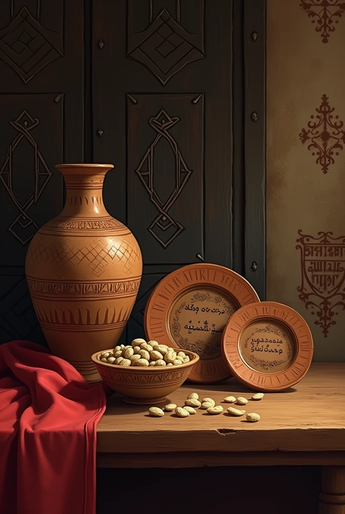 The image portrays an antique-style still life arrangement on a table, which includes various objects that suggest a historical or cultural setting. In the foreground, there is a small bowl filled with what appears to be nuts or seeds, and a larger vase with intricate patterns, possibly made of clay or ceramic material. Behind these items, partially obscured by a red cloth, are two plates with inscriptions in an unfamiliar script, suggesting they might be from a non-Latin alphabet. The background features a dark wooden panel with a geometric pattern that could be indicative of traditional Middle Eastern or North African design. The overall color palette is warm and earthy, enhancing the vintage feel of the artwork.