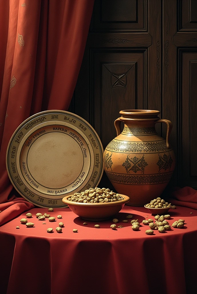 The image portrays an antique-style still life arrangement on a table, which includes various objects that suggest a historical or cultural setting. In the foreground, there is a small bowl filled with what appears to be nuts or seeds, and a larger vase with intricate patterns, possibly made of clay or ceramic material. Behind these items, partially obscured by a red cloth, are two plates with inscriptions in an unfamiliar script, suggesting they might be from a non-Latin alphabet. The background features a dark wooden panel with a geometric pattern that could be indicative of traditional Middle Eastern or North African design. The overall color palette is warm and earthy, enhancing the vintage feel of the artwork.