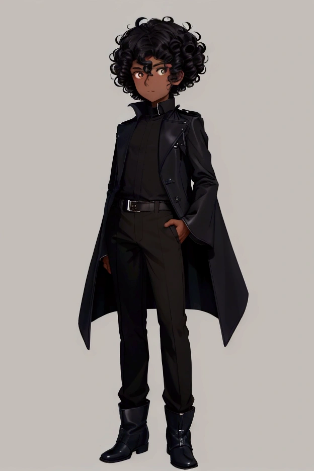 ((Solo portrait)),(boy1),((Dark skin color:1.5)),(1 ager),(height1, 85cm),(average physical body of a teen),(mixed face shape with a thick flat nose plus a little thin and a big mouth plus a little thin),((short black curly curly hair)),(Tall body),((Image of a solo boy)),(Wearing),+,(a stylish black emperor pants made of cotton decido with sisa tones and two leather boots on the feet with lines of another and a black blouse with sleeves that go to the landing in the emperor style with a black overcoat)