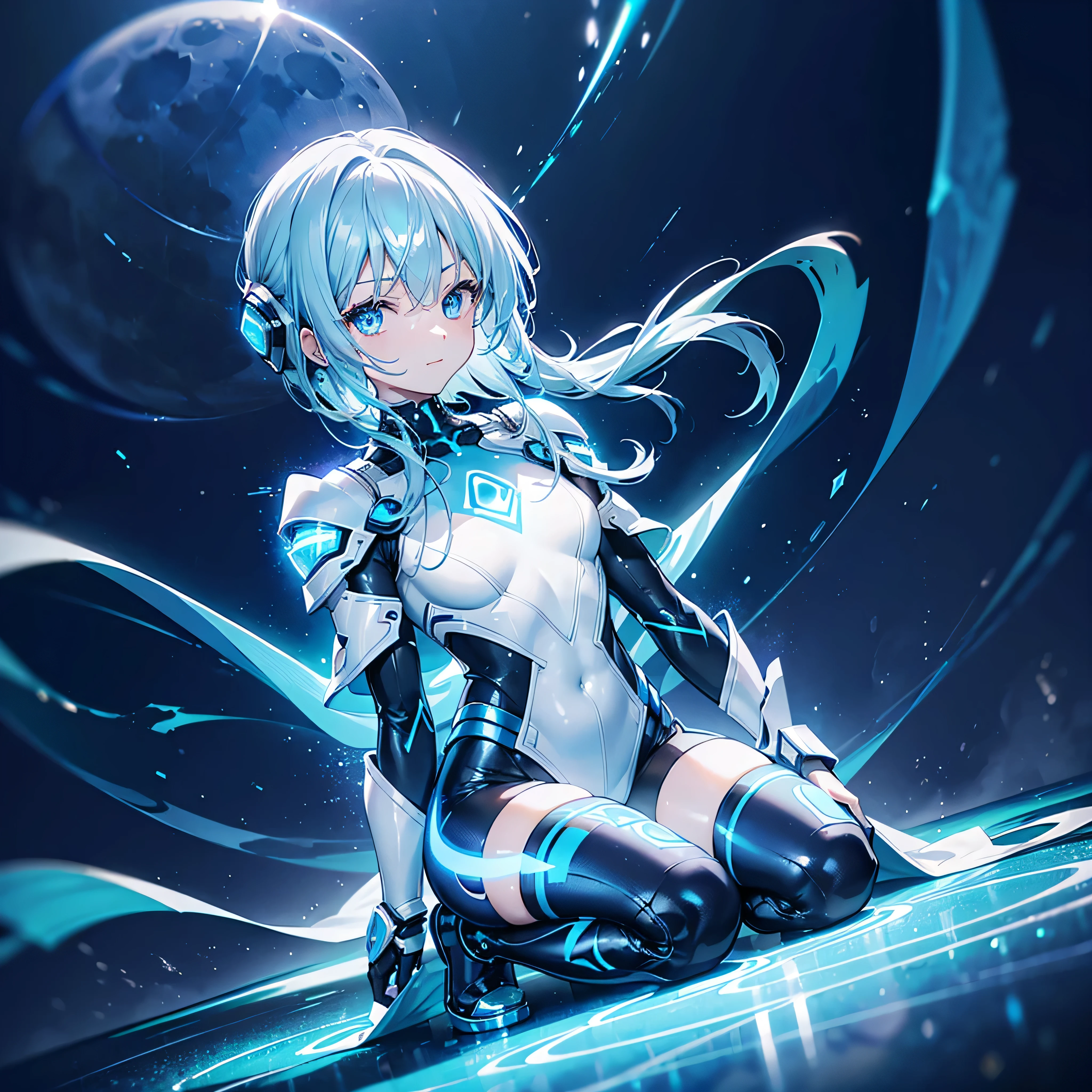 ((Holographic glow effect)),8k, Highest quality, (real:1.4), Original photo, 1 person, Asari Hair, Biological Amplifier, Very sleek and futuristic armor, posture: Peace talks between warring factions,,attention arousal, smart blue eyes,A modest smile,Knee-high boots,Patent-look blue tights,Blue big moon and blue light swirl in the background,Blue light from behind,blue light magic,A small, glowing blue ball in the palm of your hand,Blue flame swirl,Blue Comet,Polished floor,