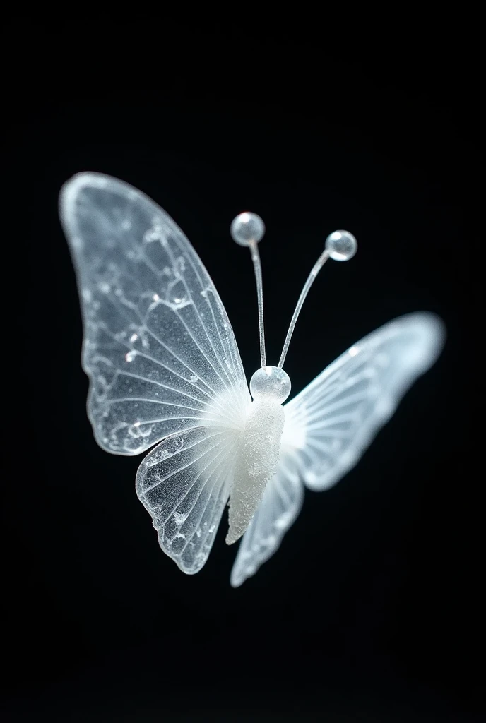 Delicate book butterfly "tear maker" made of almost transparent white magic crystal on a black background