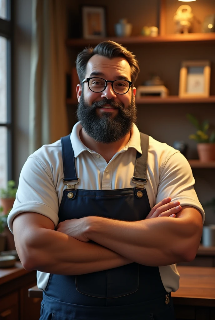 (photorealism:1.2), 30 years old man, with round glasses, and a black and grey beard, with suspenders. He's strong and has large should. He has a gentle smile and is the owner of an antiquarium