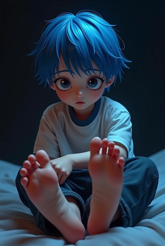 Cute emo boy, skin very white, blue hair, showing the soles of her feet, barefoot, aesthetic feet, correct toes, feet on top of a dark-skinned boy