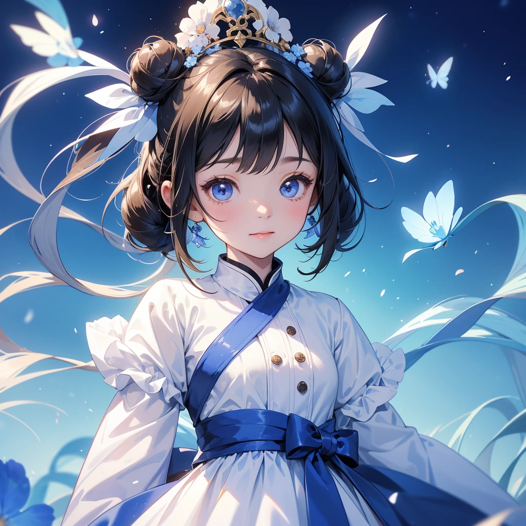 A chibi girl had a small face and Wearing white little Taoist priest's outfit. A pair of big round eyes shone with curiosity about him. This childso cute! ,her hair is black with two buns on her hair.small chibi, chibi baby, smiling,The little chibi baby looked up with his chest raised, and his face was old and proud.
Strolling among the nemophila fields Glowing blue.