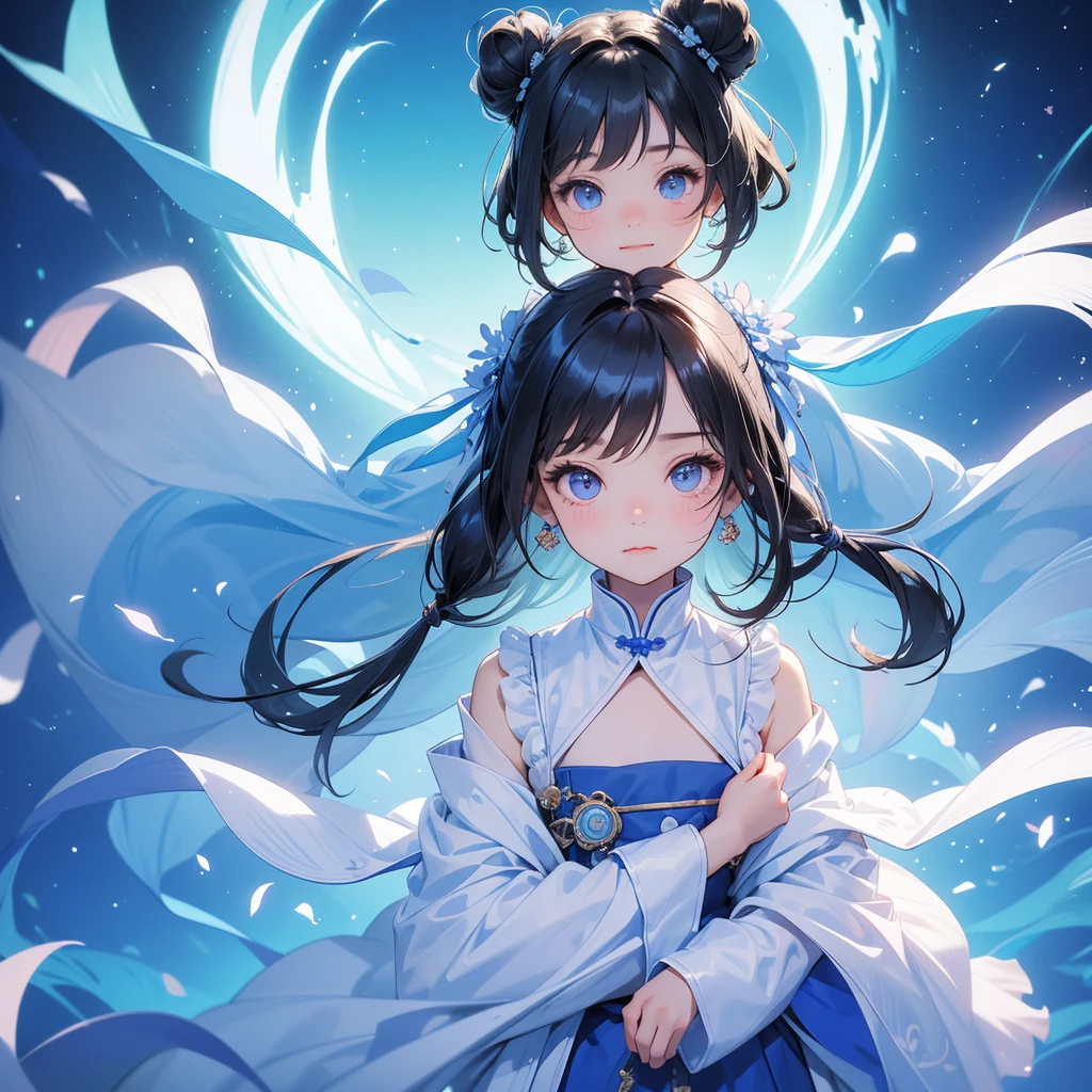 A chibi child girl had a small face and Wearing white little Taoist priest's outfit. A pair of big round eyes shone with curiosity about him. This child was so cute! ,her hair is black with two buns on her hair.small chibi, chibi baby, smiling,The little chibi baby looked up with his chest raised, and his face was old and proud.
Strolling among the nemophila fields Glowing blue.