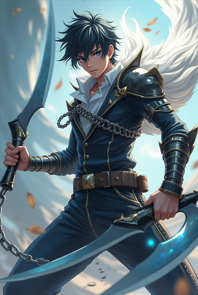 Create an anime male character with wind power with two scythes with chain with bands on the arm 