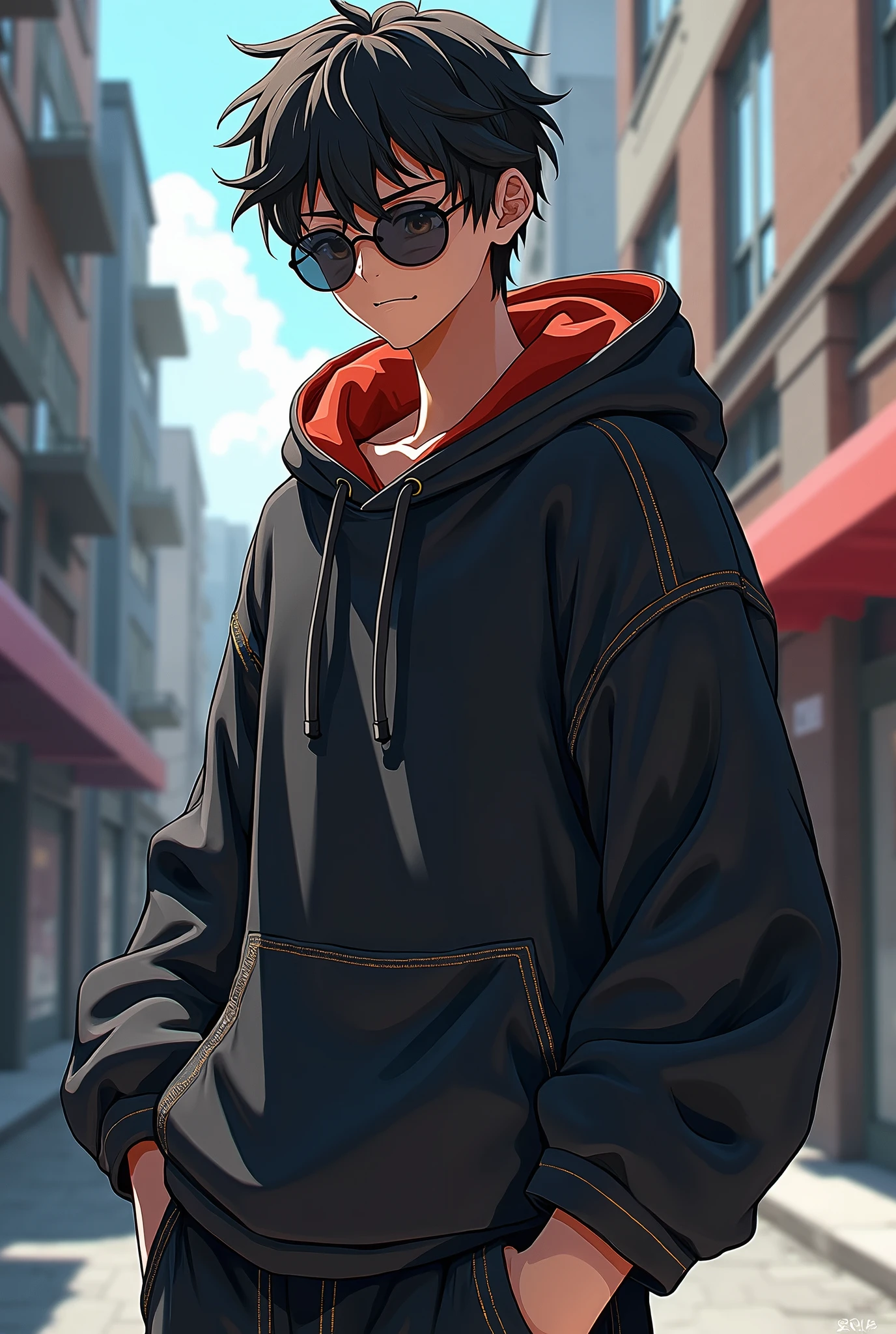 Anime boy character clad in distinctive hoodie, collar spread wide, sleeves rolled up slightly revealing detailed stitching and fabric texture, sunglasses perched, shadows accentuating the folds of the garment, all set against an urban street backdrop where sunlight casts dynamic contrasts enhancing the vibrant tones, animated style, digital painting, ultra realistic, dramatic lighting.