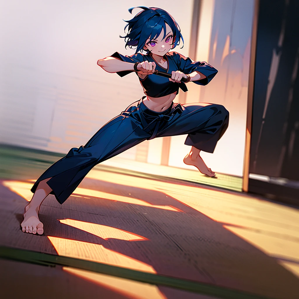 1girl, extremely detailed, intricate detail, short hair, dark blue hair, blue crop top, white martial arts pants, purple eyes, smiling, tatami mats in background, navy blue martial arts trousers, fighting stance, barefoot, best quality