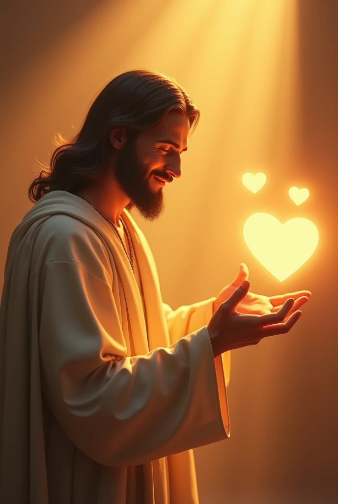Create a hyper-realistic, ultra HD 36k resolution image of Jesus with a pink text bubble in front of him containing three glowing hearts. Jesus is gently smiling and pointing towards the text bubble with his hand. The scene should emphasize intricate textures, lifelike details, and a warm, glowing atmosphere, similar to a high-quality image featuring detailed characters and a realistic environment."