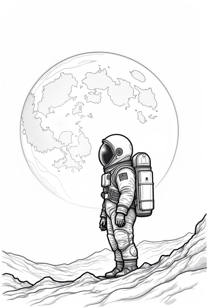 Coloring page of an astronaut looking at the moon in the background of the image, in black and white HD