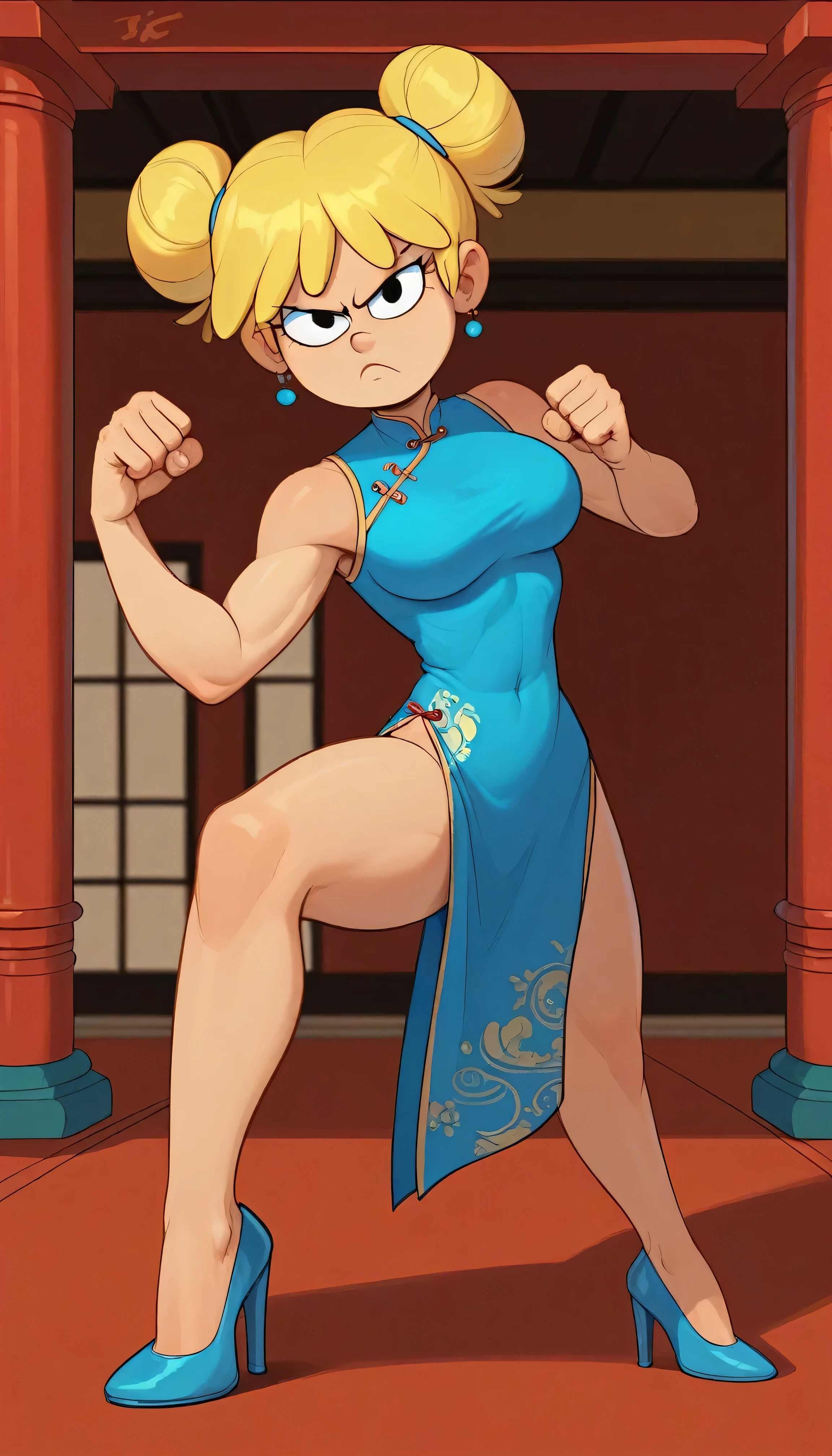 lori loud, 1girl, solo, 24yo girl, blue cheongsam,  inside of a chinese style temple, large breasts, looking at viewer, blonde hair, short hair, two hair buns , hands  score_9, score_8_up, score_7_up, high heels,teep fighting stance,martial arts