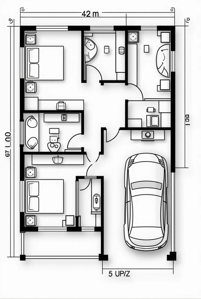 draw a plan for a 2-storey house with a width of 11 meters and a length of 17 meters, the height of the 1st floor is 4 meters, 2nd floor free, The front side is used for a wide car garage to the side for 2 cars, The living room is used as a family room, has 3 bedrooms, the back has 2 stairs, has 2 bathrooms, The first staircase is used for the second bathroom., second bottom ladder for storage, 2nd floor is empty
