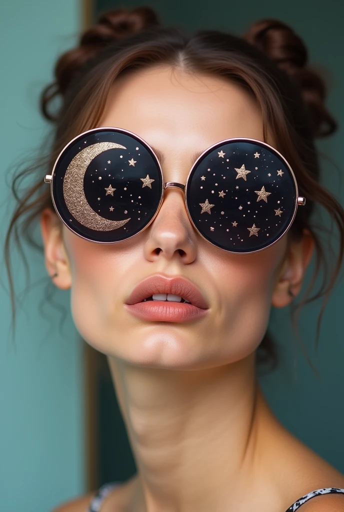 The model is wearing glass sunglasses with stars and the moon on the glass
