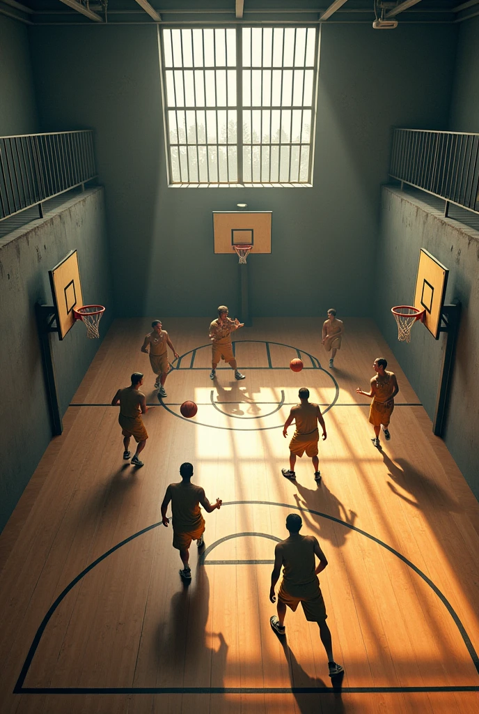 A prison cell that have a wide basket ball court 