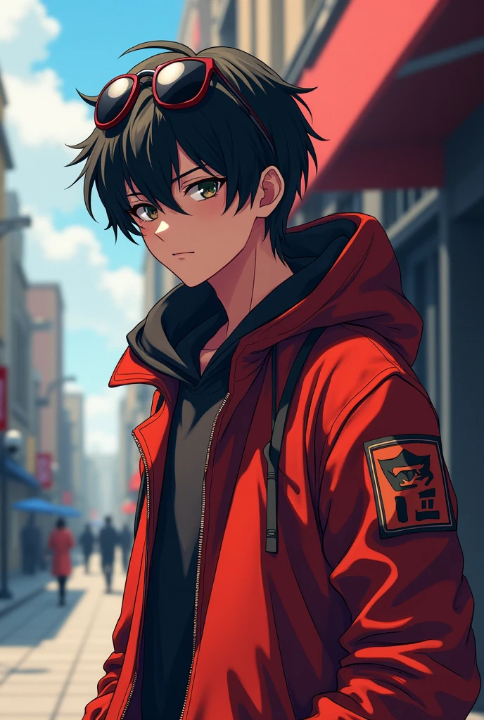 Anime boy character clad in distinctive hoodie, collar spread wide, sleeves rolled up slightly revealing detailed stitching and fabric texture, sunglasses perched, shadows accentuating the folds of the garment, all set against an urban street backdrop where sunlight casts dynamic contrasts enhancing the vibrant tones, animated style, digital painting, ultra realistic, dramatic lighting.