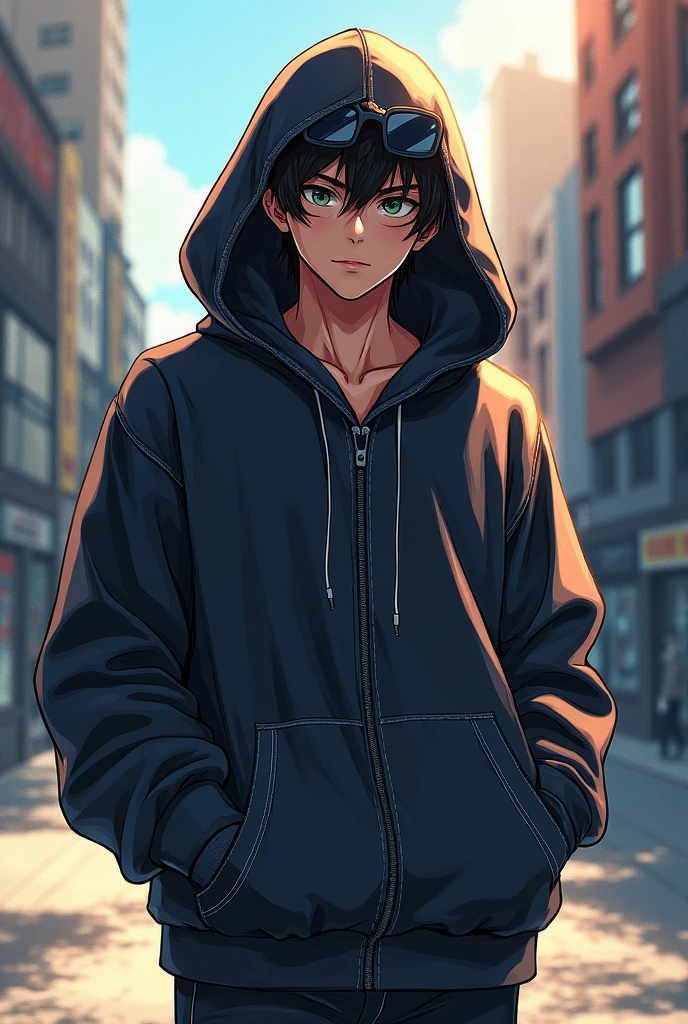 Anime boy character clad in distinctive hoodie, collar spread wide, sleeves rolled up slightly revealing detailed stitching and fabric texture, sunglasses perched, shadows accentuating the folds of the garment, all set against an urban street backdrop where sunlight casts dynamic contrasts enhancing the vibrant tones, animated style, digital painting, ultra realistic, dramatic lighting.