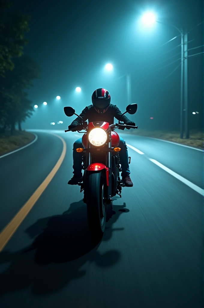 a hero splendor bike on road in night with Fogg and street light in racing mode 