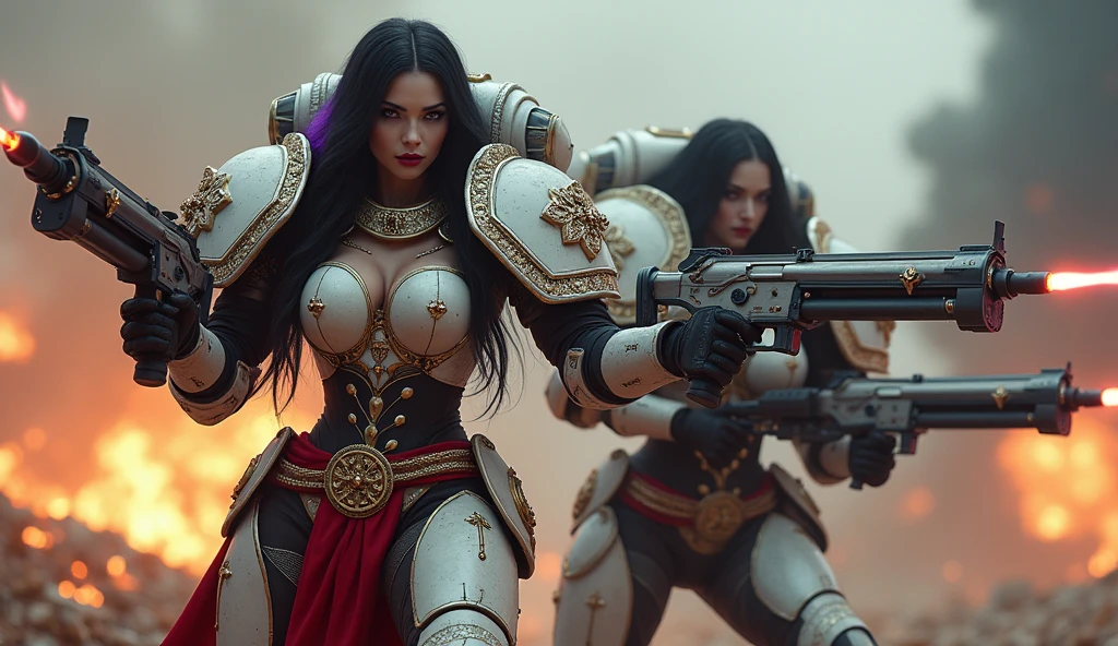 Full body pose sexy sisters of battle from the warhammer 40k, shooting at the enemy, red and gold space marine armor with intricate details and religous symbols, white and gold space marine armor with intricate details and religous symbols, symbols on the armor, sisters of battle, warhammer 40k, Massive exposed silicone breast, pale skin, seductive, temptation, eat your soul, clevage, long white flowing hair, long black flowing hair with purple highlights, heavy gothic makeup, at night, neon, beautiful detailed eyes, beautiful detailed lips, extremely detailed eyes and face, long eyelashes, highly detailed armor, intricate futuristic weaponry, dramatic lighting, cinematic composition, muted color palette, gritty and realistic, mecha, science fiction, hyper-detailed, photorealistic, award winning digital art, 8k, HDR, masters work, in the middle of a battle field, full body combat action pose, explosions and fire around, full war, stunning, Stilleto heels, high heels, full body pose, cinematic, movie trailer, final stand!, nemesis, ready to strike, dust and debree, combat screams, attacking, shooting at the enemy, running forward, last line of defense, charging, fanatic, religious, templar knights, sisters of battle, warhammer 40k, shooting at the enemy, bimbo gigantic exposed breast, jetpacks, space marine, stilleto heels, cinematic light, cameltoe pussy, beautiful pussy, wet pussy, wet body, oiled body, gigantic breast, dynamic super sexy combat action pose, sisters of battle from the warhammer 40K