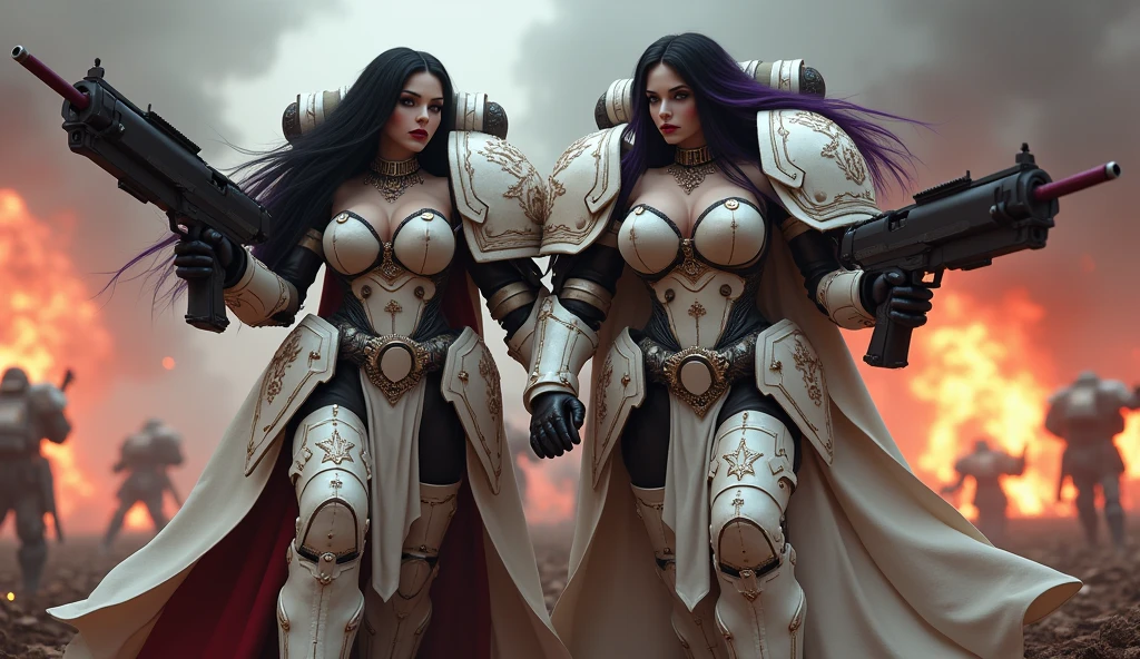 Full body pose sexy sisters of battle from the warhammer 40k, shooting at the enemy, white armor with intricate details, red armor with intricate details, religous symbols on the armor, sisters of battle, warhammer 40k, Massive silicone breast, pale skin, seductive, temptation, eat your soul, clevage, long flowing black hair with purple highlights, heavy gothic makeup, at night, neon, beautiful detailed eyes, beautiful detailed lips, extremely detailed eyes and face, long eyelashes, highly detailed armor, intricate futuristic weaponry, dramatic lighting, cinematic composition, muted color palette, gritty and realistic, mecha, science fiction, hyper-detailed, photorealistic, award winning digital art, 8k, HDR, masters work, in the middle of a battle field, full body combat action pose, explosions and fire around, full war, stunning, Stilleto heels, high heels, full body pose, cinematic, movie trailer, final stand!, nemesis, ready to strike, dust and debree, combat screams, attacking, shooting at the enemy, running forward, last line of defense, charging, fanatic, religious, templar knights, sisters of battle, warhammer 40k