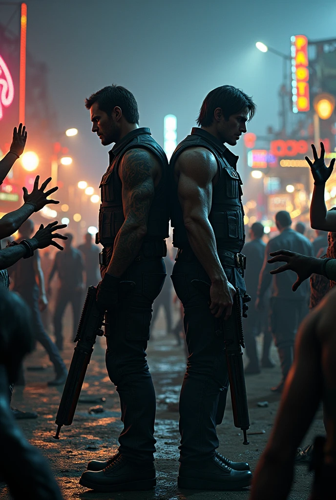 Leon Kennedy and Chris Redfield fighting against thousands of zombies at a fair at night