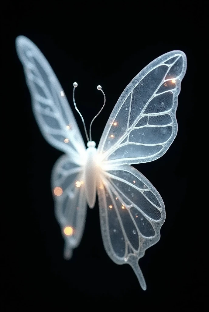 Delicate book butterfly "tear maker" made of almost transparent white magic crystal on a black background