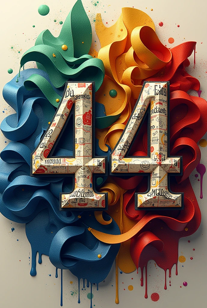 I want an image of the number 44 but with language and colorful elements, with the flags of Italy, french, Germany and england