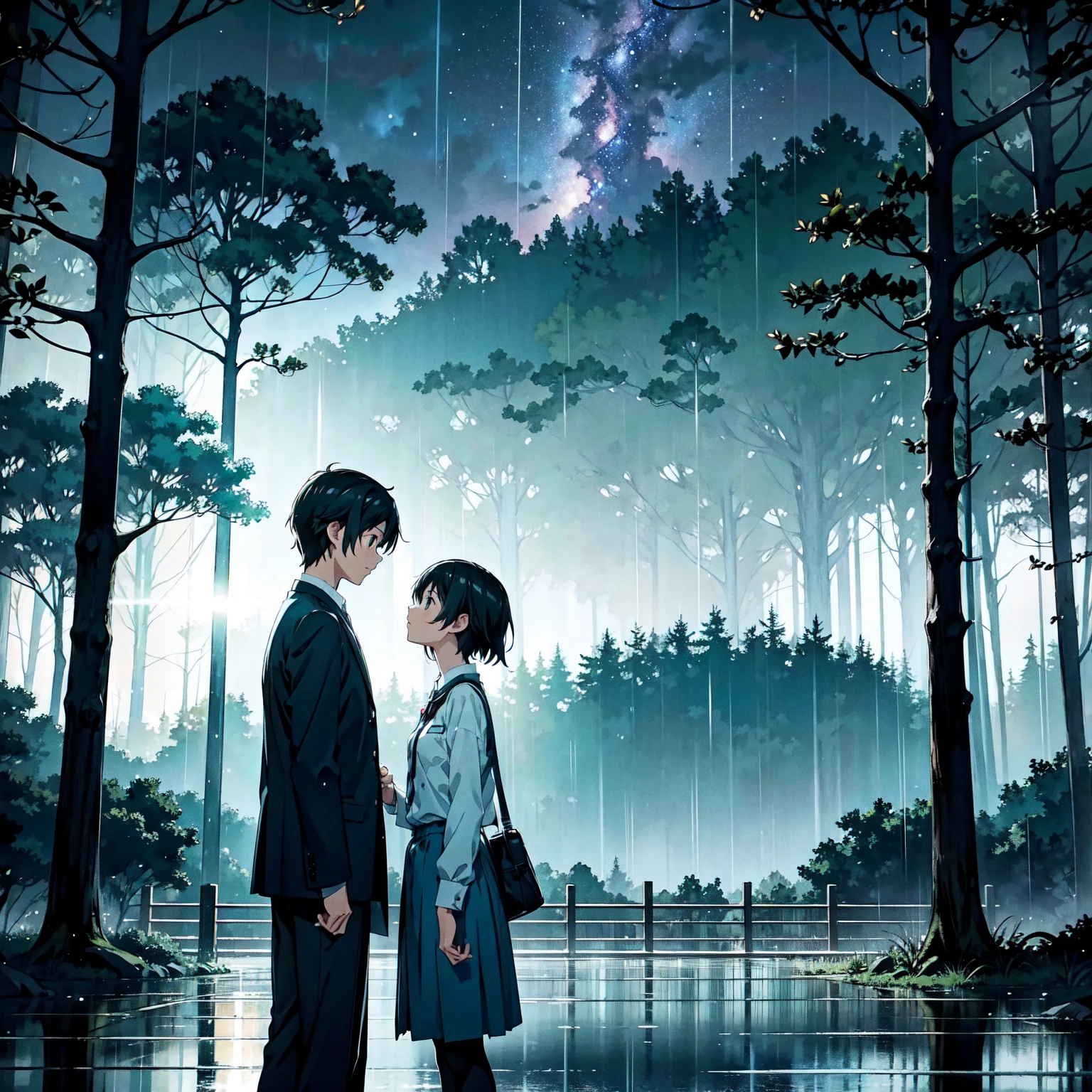 Nostalgic, Makoto Shinkai, a splendid library beyond the forest, beautiful composition. Night, heavy rain. The library can be seen beyond the forest, vivid. Sky full of stars. Rainy weather. Fantastic, forest in the foreground, library in the background. A bright picture.