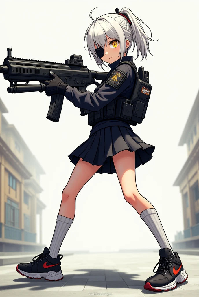 Medium height White short ponytail anime girl Determine yellow eye color with black eye patch wearing black school uniform, short skirt, sport shoes, long white socks, tactical black gloves, black vest armor, while holding a futuristic assault rifle. Manga art style