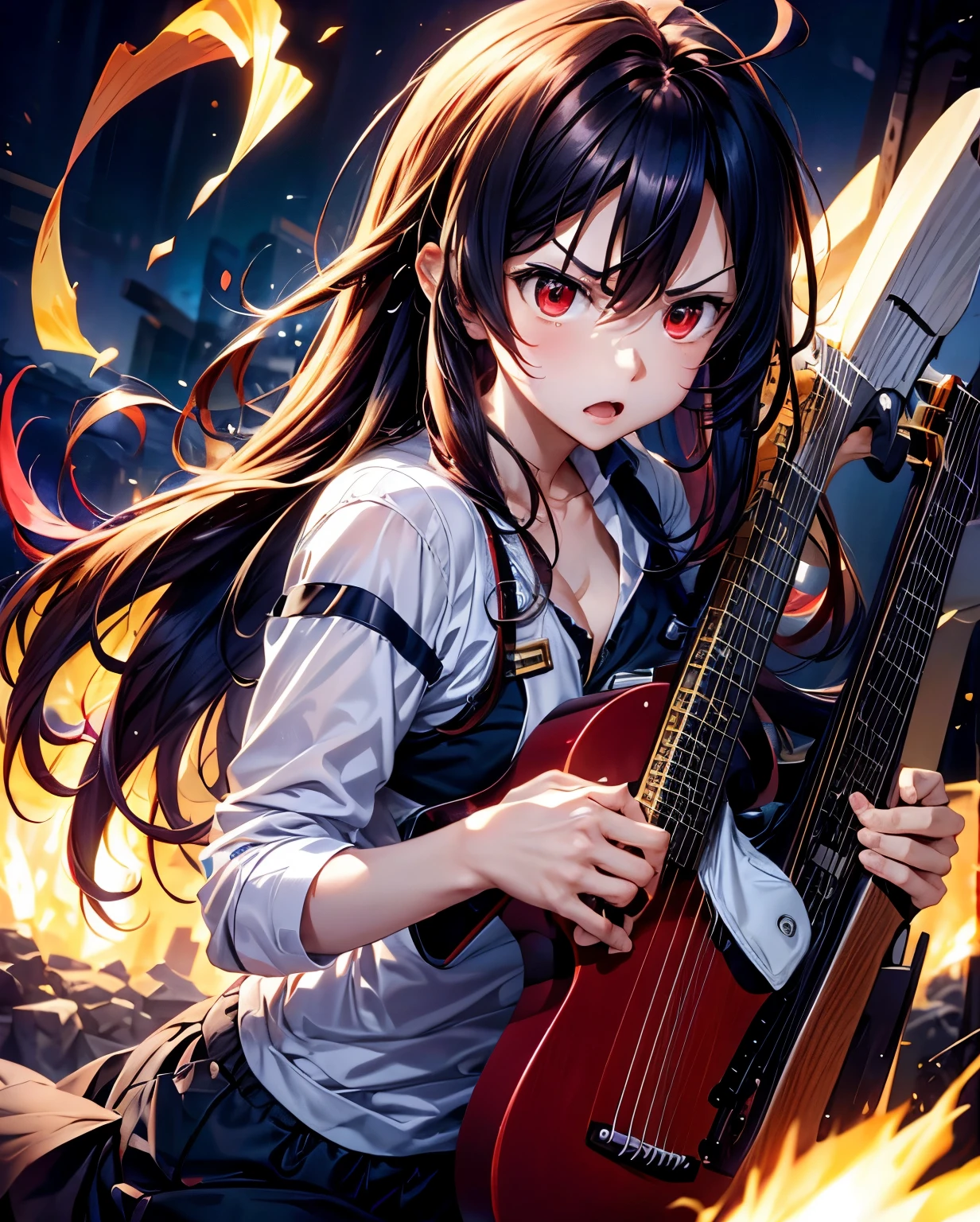 One person, Long Hair, chest, Red eyes, 大きなchest, Ahoge, Angry, Highest quality, I have a guitar、Fantastic Background
