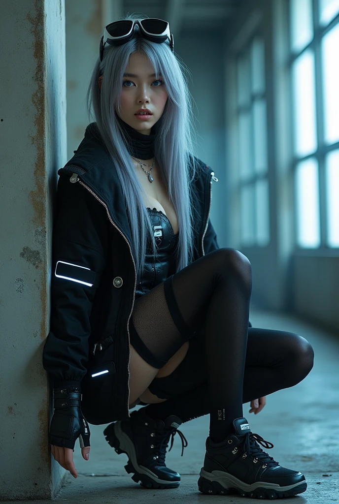 (nsfw:1.4), masterpiece, Best Quality, Realistic, A mysterious and sophisticated beautiful model, identity hidden, all body shot, with blue eyes wears futuristic and sexy fashion art. 18-years-old, beautiful and sexy Japanese girl is climbing at a wide angle, sitting and random posing, with her full body in frame. She has an ultra-slim waist, large firm breasts, a large-sized buttocks, showcasing sculptural beauty. gray arranged hair, light color eyes, Realistic skin, Detailed face, , small head. /// dressed in a striking white and black military print bodysuit paired with a sleek black leather belt with a futuristic metallic buckle and low-rise black sweat Knee-high skirt with zipper accents. She wears a sheer black mesh bomber jacket adorned with white and black military patches, chunky black high-cut Sneakers with silver hardware. Her look is fierce and bold, complemented by black fingerless gloves with white LED lights and high-tech accessories. adding an edgy attitude. Her outfit is completed, merging functionality with style. exuding a hint of rebellion, embodying the essence of future street-chic fashion. The wear hugs her body tightly, accentuating her curves and digging sensuously into her skin, /// small head and face, Detailed wide Duck mouth, half open mouth, perfectly aligned teeth, perfect beautiful wide teeth, light blue eyes, half open eyes, shiny Droopy eyes, looking other, /// She is situated within the interior of a futuristic colony, in the deep night, with mist drifting and steam rising from concrete