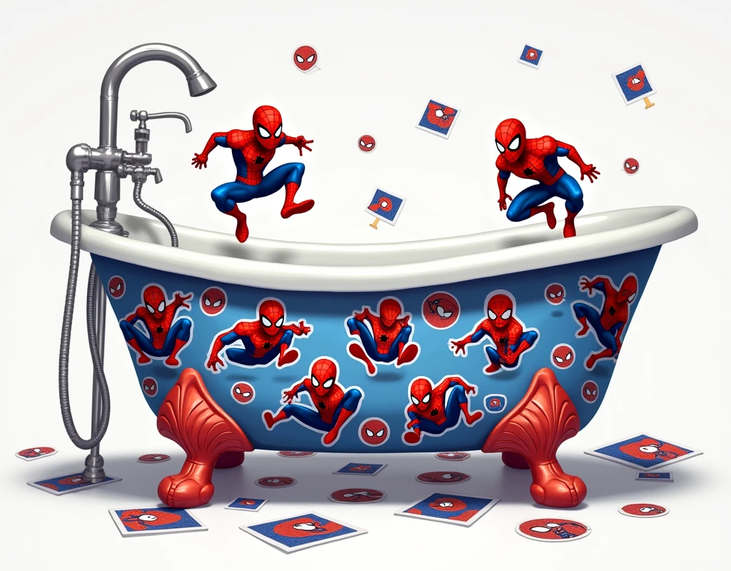 We need an amazing image which is of a bathtub. The bathtub is made of Spiderman stickers and has Spiderman images all around it. Highlighted Image