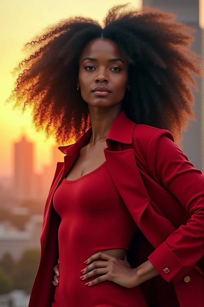 Curly hair beautiful **** Kenyan woman. Hero outfit color Red. She wears a jacket but as heroic outfit 