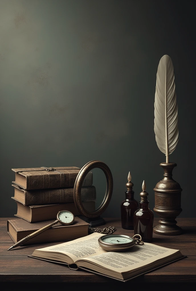 Image of objects symbolizing intelligence and investigation activity, more formal and somber, with more objects.