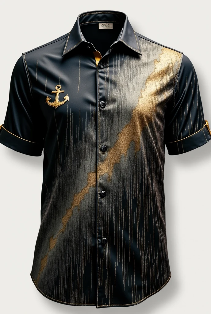 A  silk  ventablack with a mix of gray and gold , hundred thousand  dollars worth  short sleeved shirt with raindrops art  pattern on the left top side  , with a tiny anchor on displaying on  the left side  