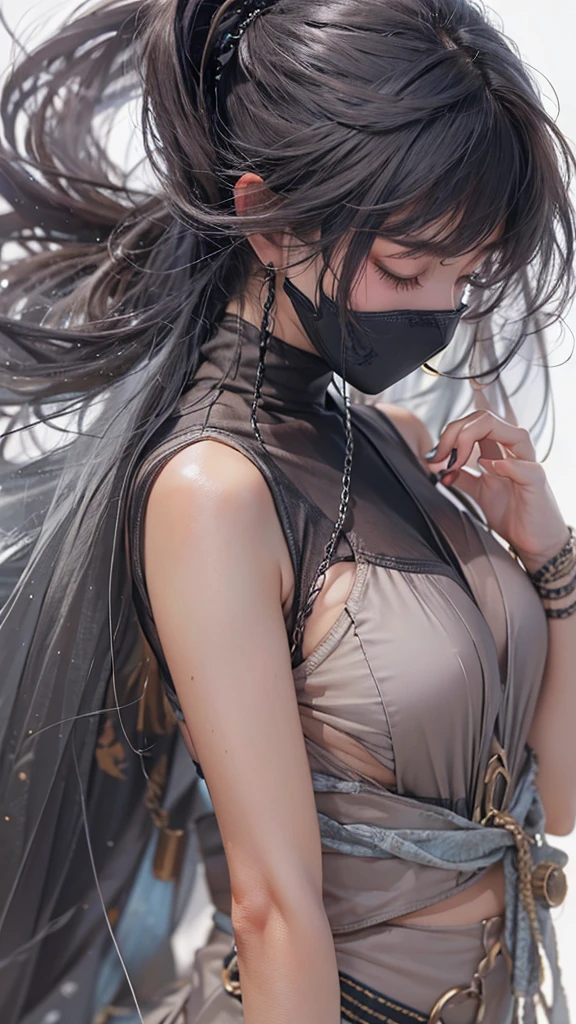 (((Highest quality, 8k, masterpiece: 1.3)), ((Highest quality)), ((masterpiece)), (detailed), Perfect Face, \(Black Hair, Side Ponytail, Mouth veil, Ninja, Full body portrait, female Ninja, Looking down, On all fours, Stick your ass out, Ninja costume\)