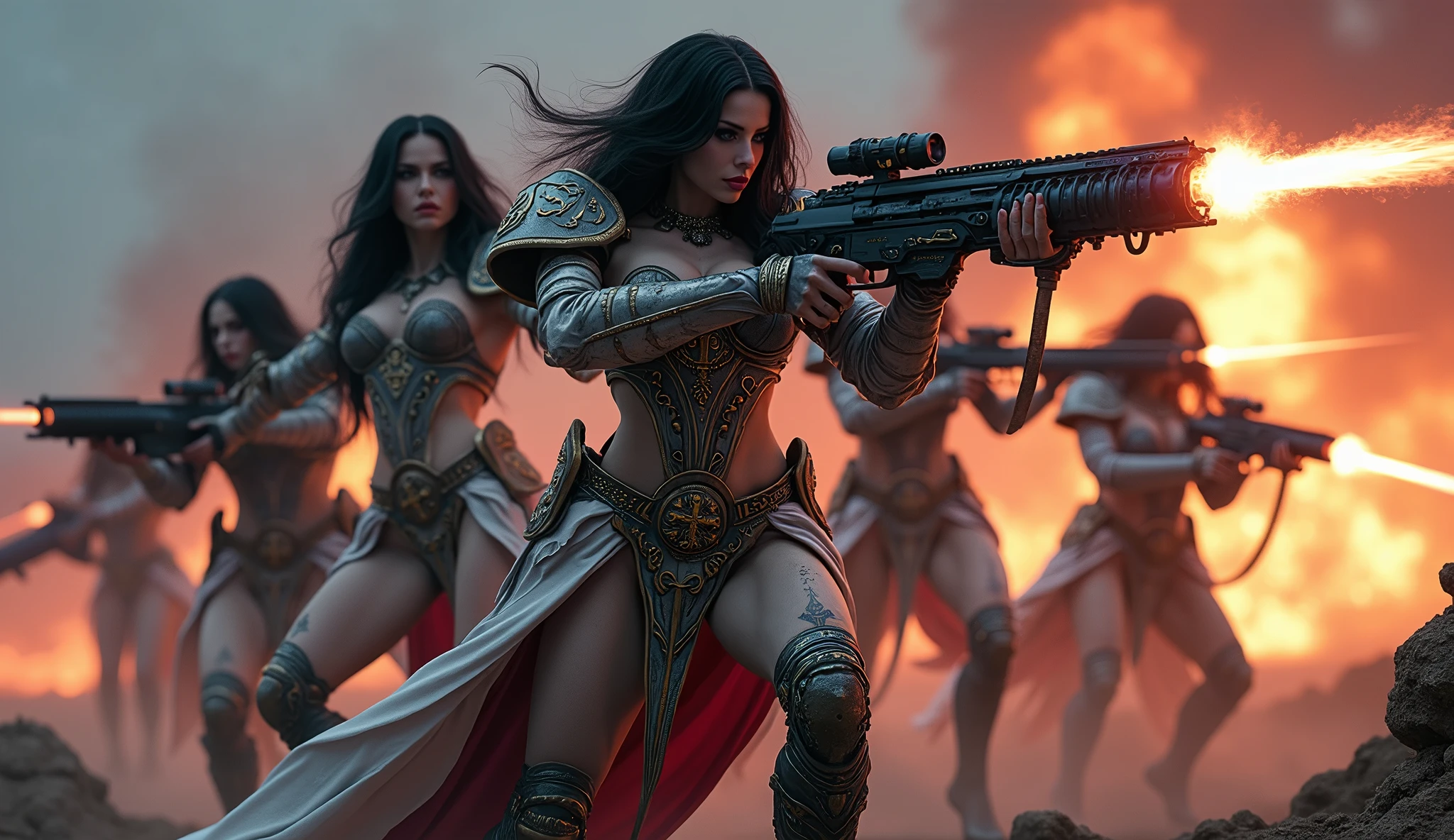 Full body pose sexy sisters of battle from the warhammer 40k, shooting at the enemy, white armor with intricate details, black armor with intricate details, red armor with intricate details, religous symbols on the armor, sisters of battle, warhammer 40k, Massive silicone breast, pale skin, seductive, temptation, eat your soul, clevage, long flowing black hair with purple highlights, heavy gothic makeup, at night, neon, beautiful detailed eyes, beautiful detailed lips, extremely detailed eyes and face, long eyelashes, highly detailed armor, intricate futuristic weaponry, dramatic lighting, cinematic composition, muted color palette, gritty and realistic, mecha, science fiction, hyper-detailed, photorealistic, award winning digital art, 8k, HDR, masters work, in the middle of a battle field, full body combat action pose, explosions and fire around, full war, stunning, Stilleto heels, high heels, full body pose, cinematic, movie trailer, final stand!, nemesis, ready to strike, dust and debree, combat screams, attacking, shooting at the enemy, running forward, last line of defense, charging, fanatic, religious, templar knights, sisters of battle, warhammer 40k