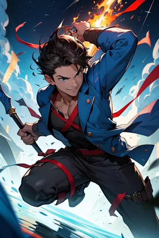 Catastrophe, he fights with a halberd, he is fast, strong and wears a blue jacket, he can teleport using ribbons, he can also use them as explosives, he is explosive and has a scary and sweet smile.