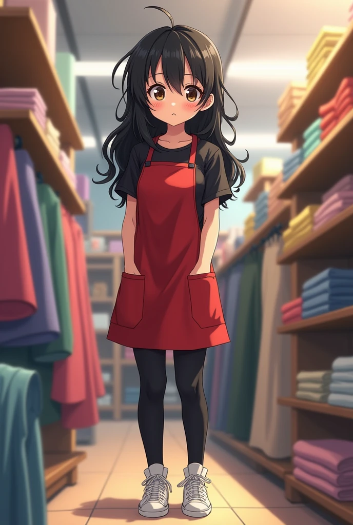Create a brunette anime girl about 20 years old with long black hair and her hair would be somewhat unruly and brown pupils and dark circles like a raccoon from sleeplessness with a black shirt and a red apron also put black pants on her and white tennis shoes put her in the background of a fabric store as if they were serving