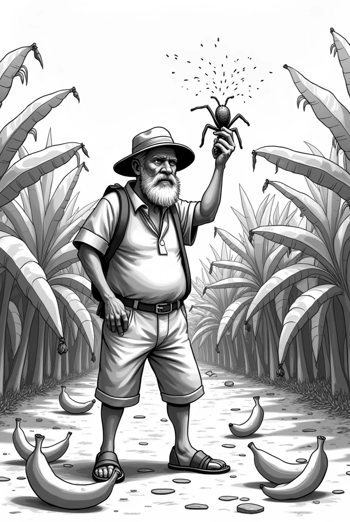 Create an easy to draw black and white drawing, of a slightly older man with a beard and hat, frustrated and angry, Make him be in a banana plantation and there are several bananas on the ground and the man has a banana in his hand examining them and a pest appears , He puts more bananas on the ground and a plague comes out of the banana that the man has in his hand. .
Place a lot of bananas scattered on the ground and the man has one in his hand and from that banana comes a bug or pest . He puts more hands around him and the man stands with one in his hand and the plague 