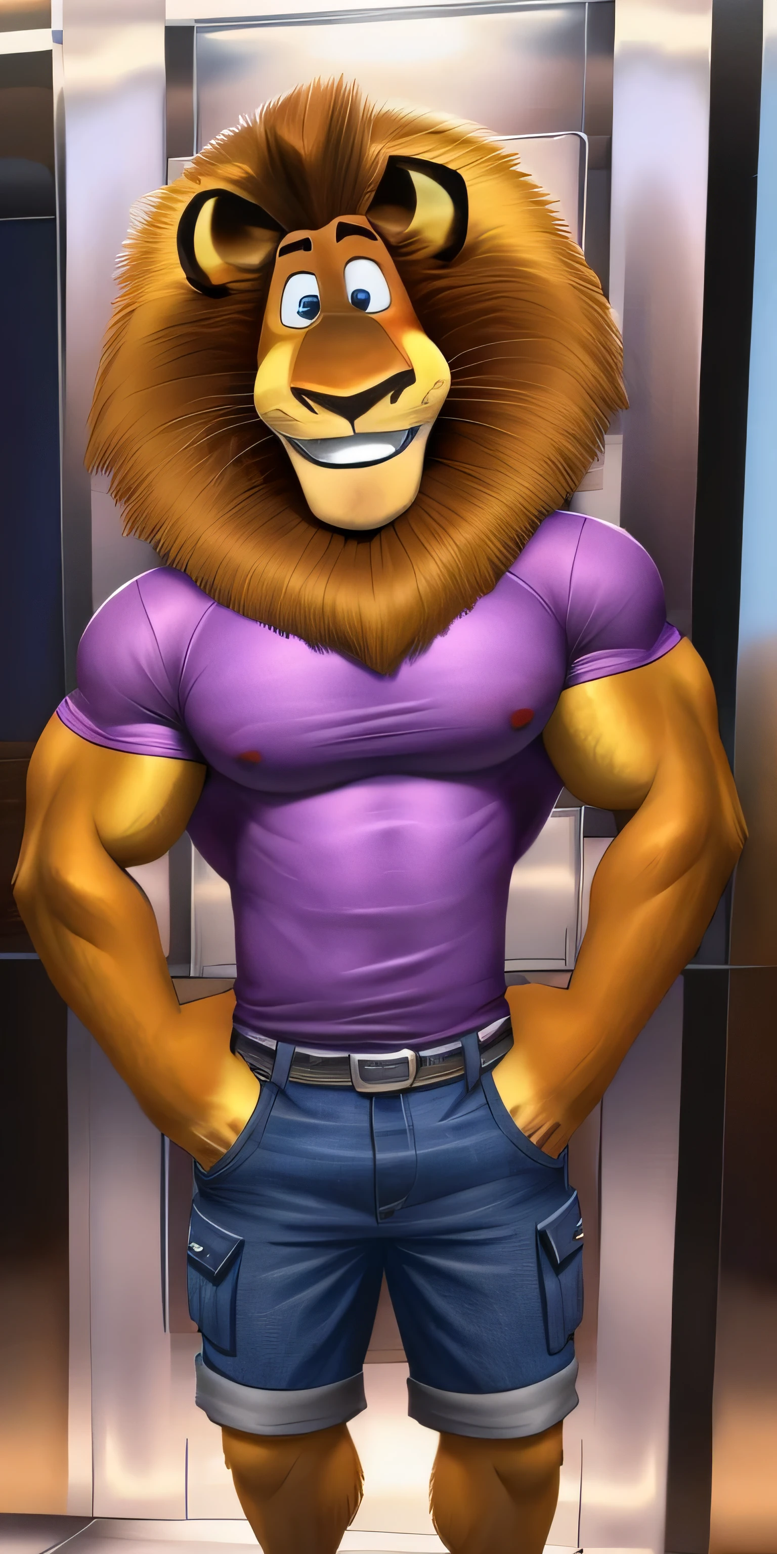 Alex the Lion, muscular body, big biceps, extremely beautiful and cute face, perfectly detailed blue eyes with perfectly detailed pupils, wears purple shirt, denim cargo shorts, flip-flops, elevator background, selfie, friendly look, smile